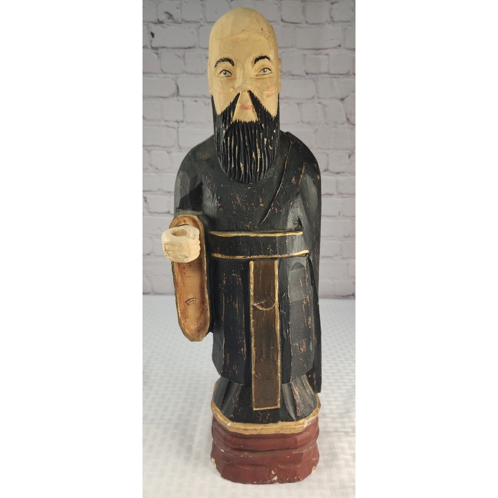 James Haddon Signed FOLK ART Hand Carved Wooden Monk Figurine 18"Tall Vintage